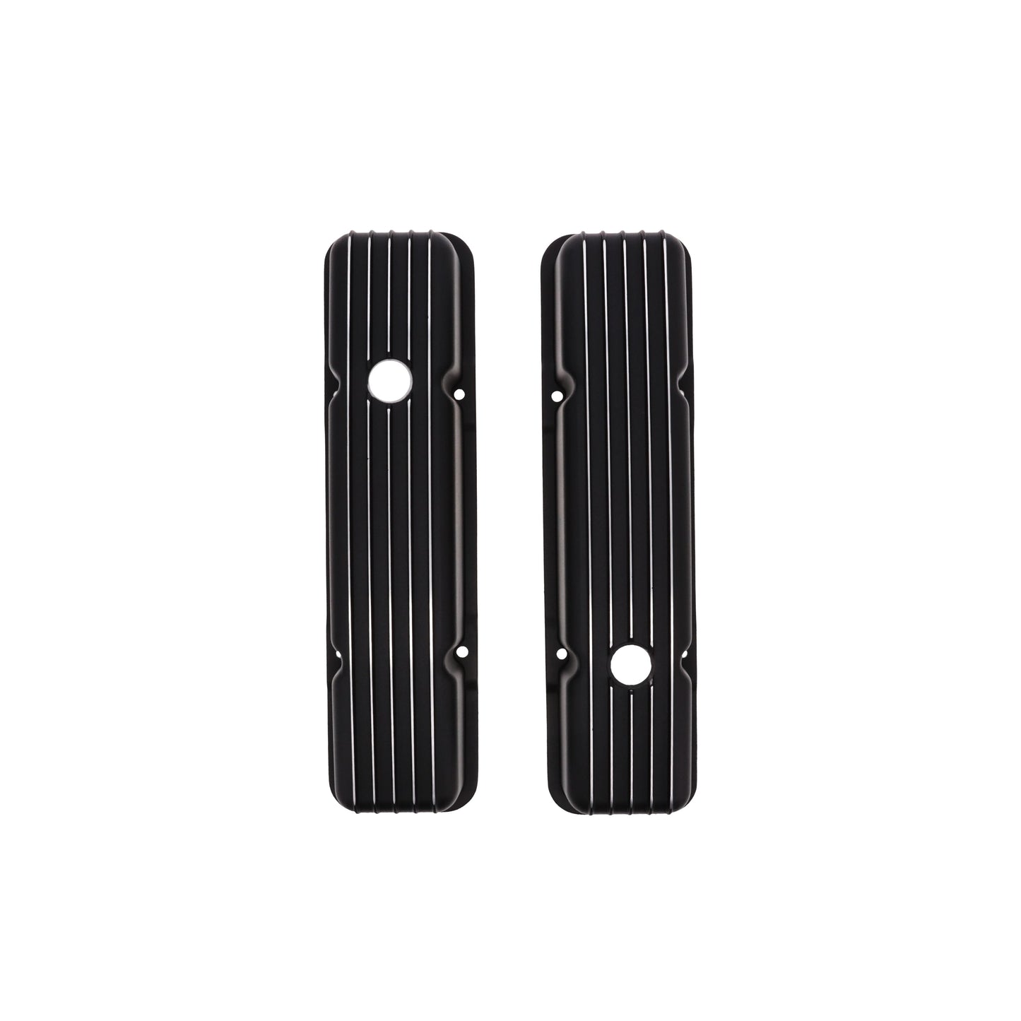 1958-1986 Chevy SB Finned Aluminum Valve Covers, 2 9/16" Ht., 1.25" Hole - Black