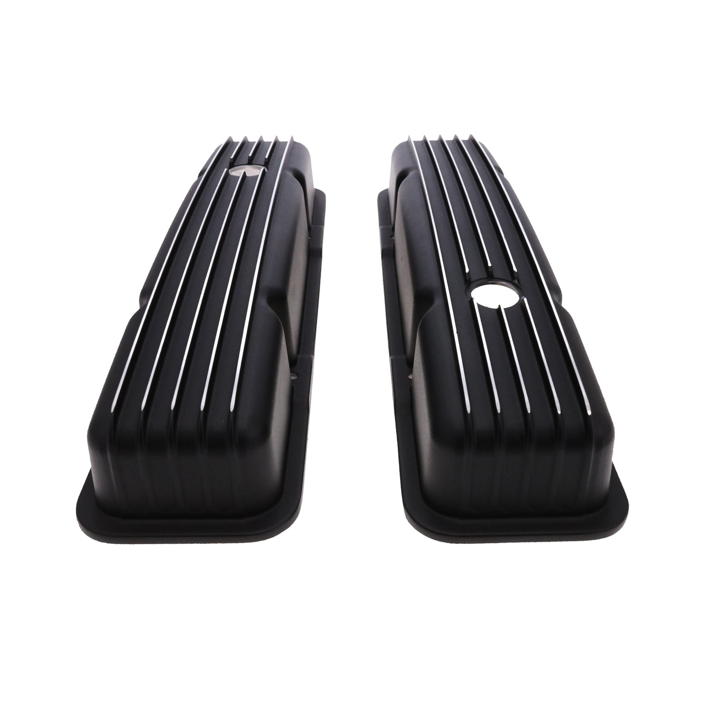 1958-1986 Chevy SB Finned Aluminum Valve Covers, 2 9/16" Ht., 1.25" Hole - Black