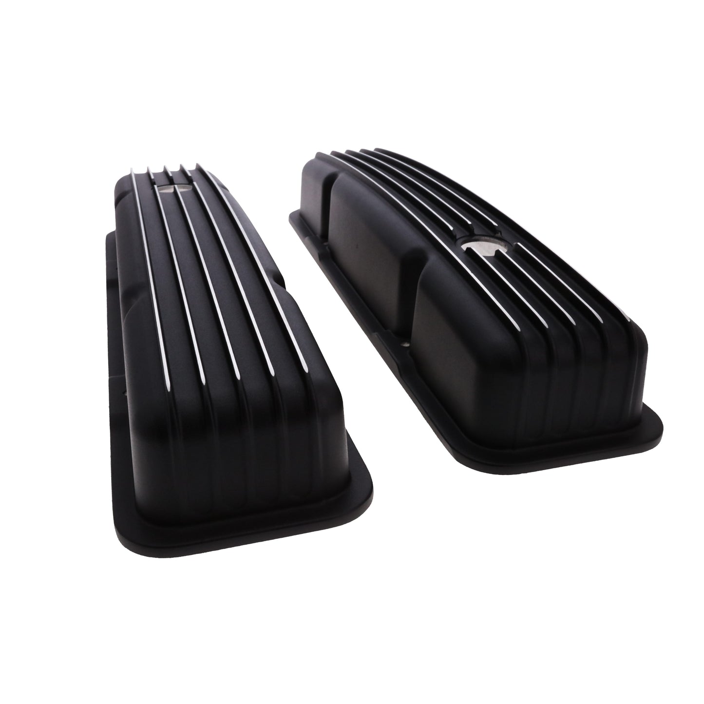 1958-1986 Chevy SB Finned Aluminum Valve Covers, 2 9/16" Ht., 1.25" Hole - Black