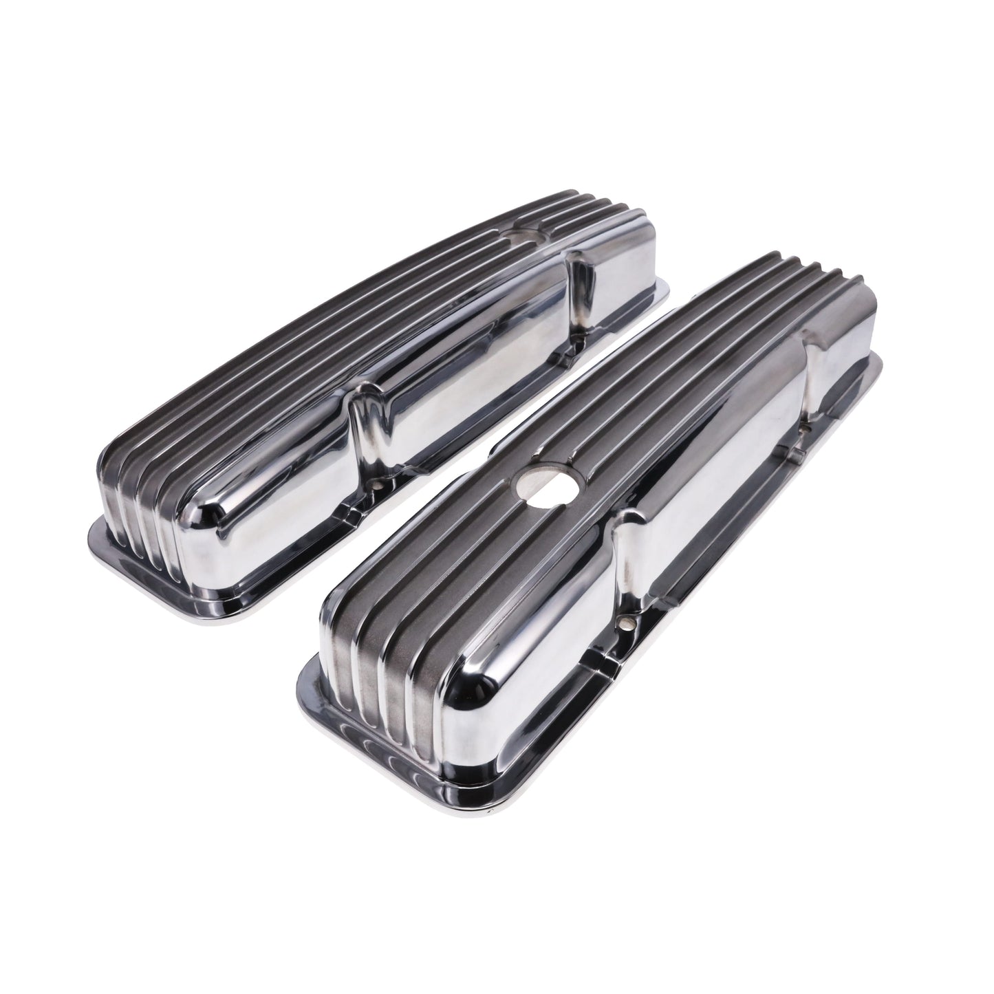 1958-1986 Chevy SB Finned Aluminum Valve Covers, 2 9/16" Ht., 1.25" Hole - Polished