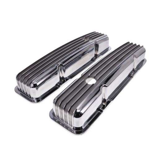 1958-1986 Chevy SB Finned Aluminum Valve Covers, 2 9/16" Ht., 1.25" Hole - Polished