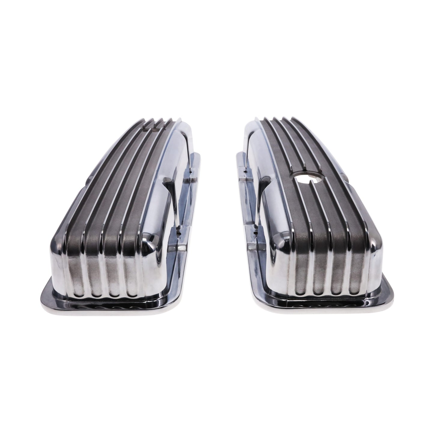 1958-1986 Chevy SB Finned Aluminum Valve Covers, 2 9/16" Ht., 1.25" Hole - Polished