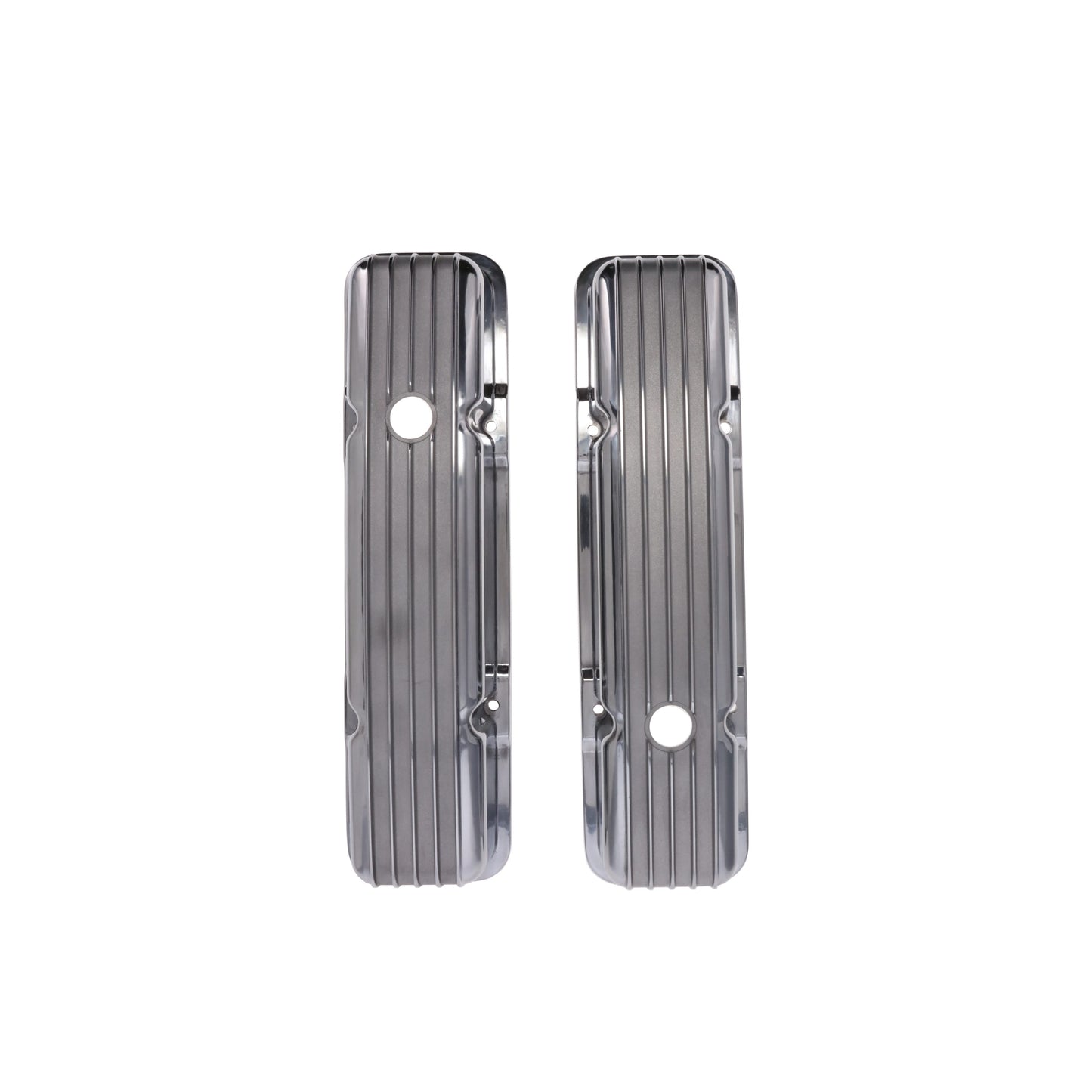 1958-1986 Chevy SB Finned Aluminum Valve Covers, 2 9/16" Ht., 1.25" Hole - Polished