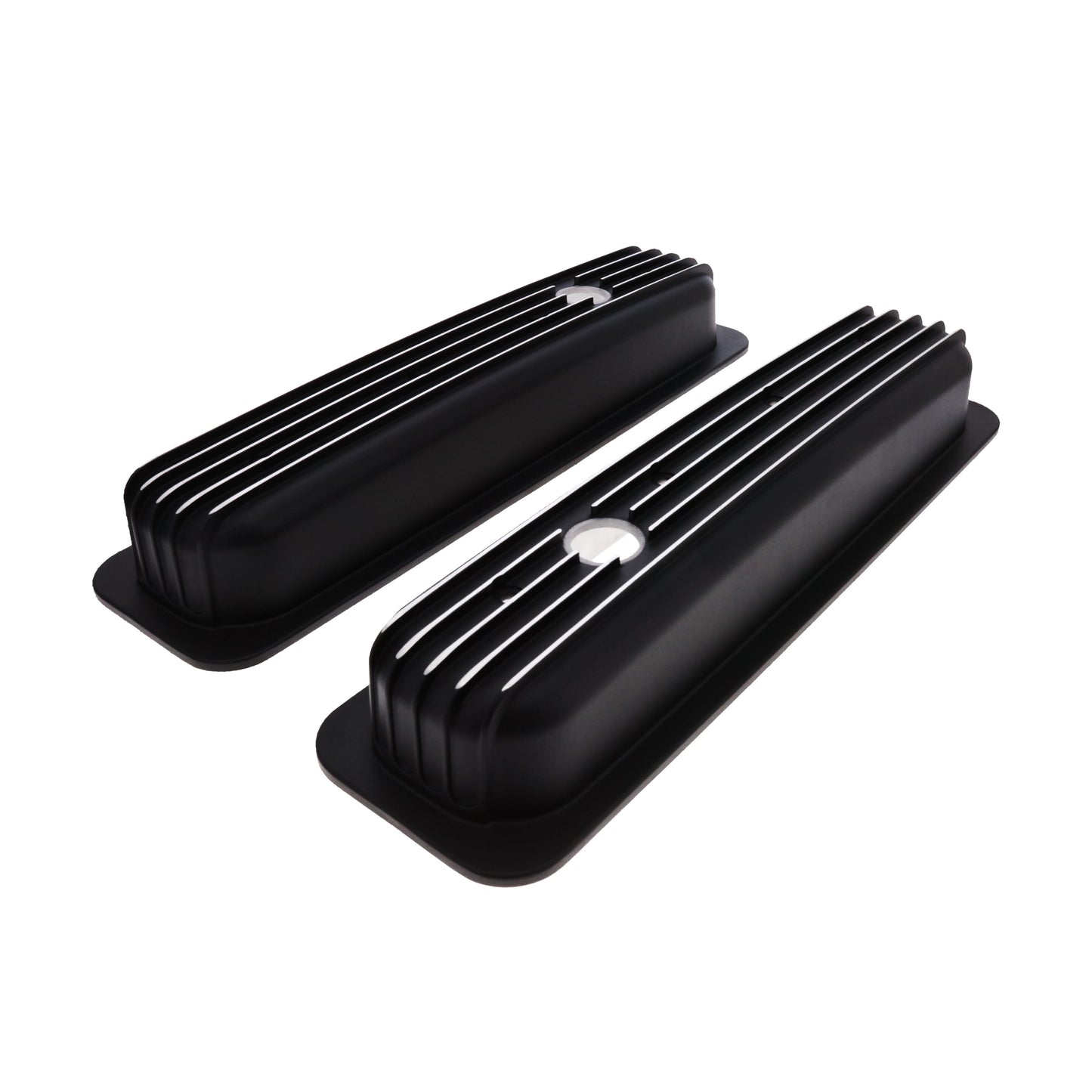 1987-2000 Chevy SB Finned Aluminum Center Bolt Valve Cover, 2 9/16" Ht., 1.25" Hole - Black