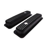 1987-2000 Chevy SB Finned Aluminum Center Bolt Valve Cover, 2 9/16" Ht., 1.25" Hole - Black