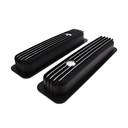 1987-2000 Chevy SB Finned Aluminum Center Bolt Valve Cover, 2 9/16" Ht., 1.25" Hole - Black