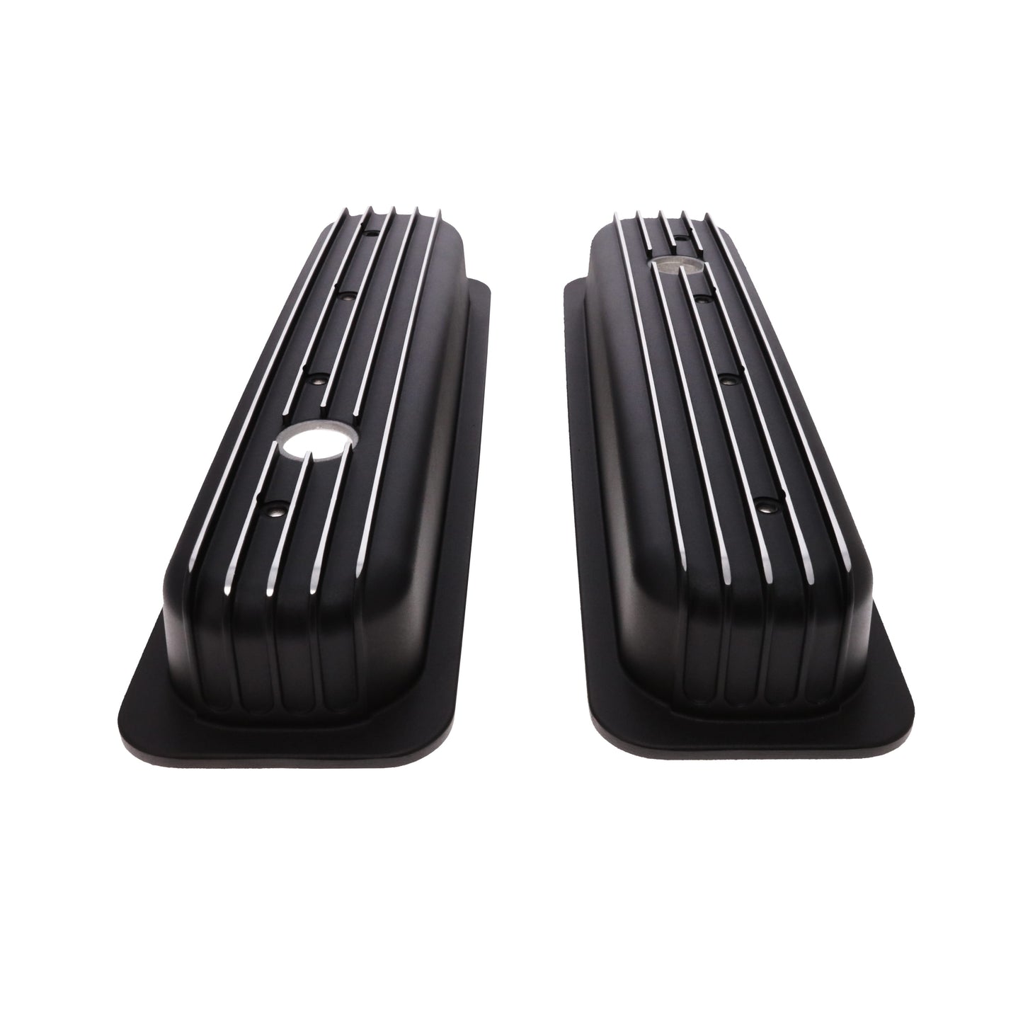 1987-2000 Chevy SB Finned Aluminum Center Bolt Valve Cover, 2 9/16" Ht., 1.25" Hole - Black
