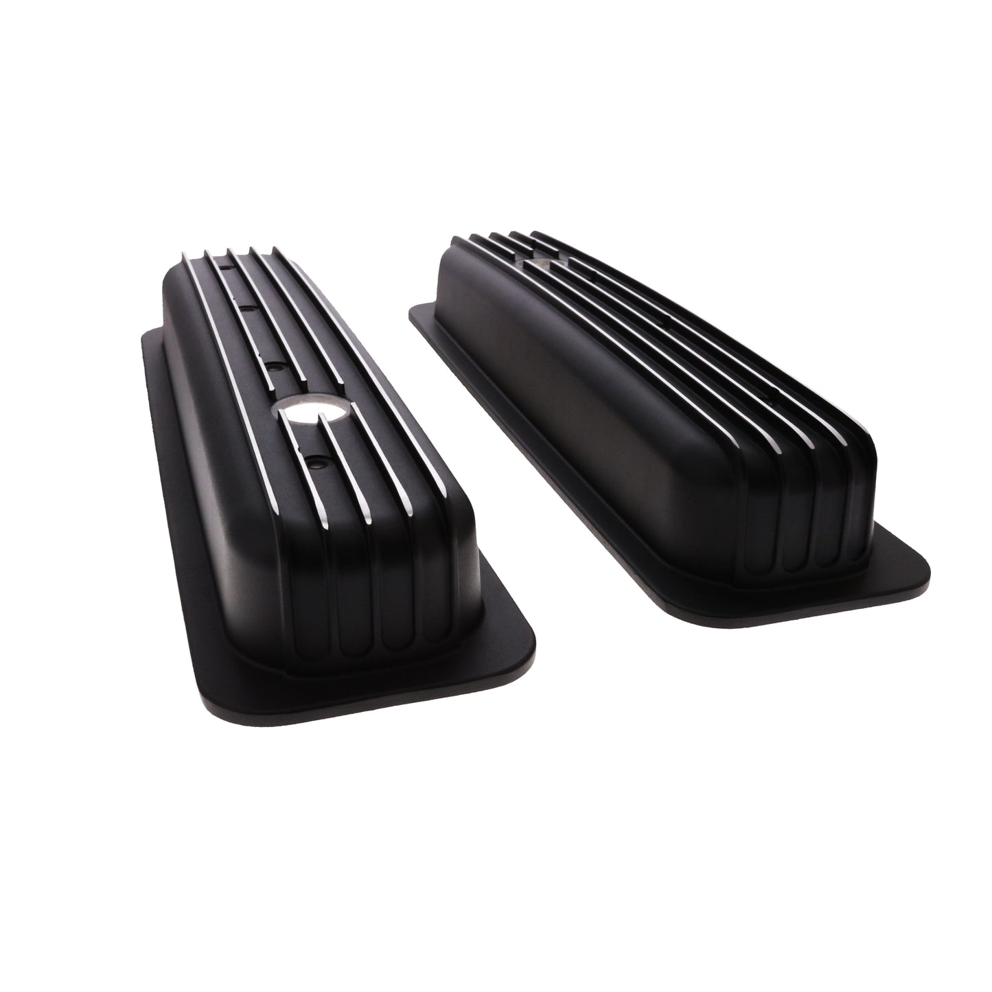 1987-2000 Chevy SB Finned Aluminum Center Bolt Valve Cover, 2 9/16" Ht., 1.25" Hole - Black