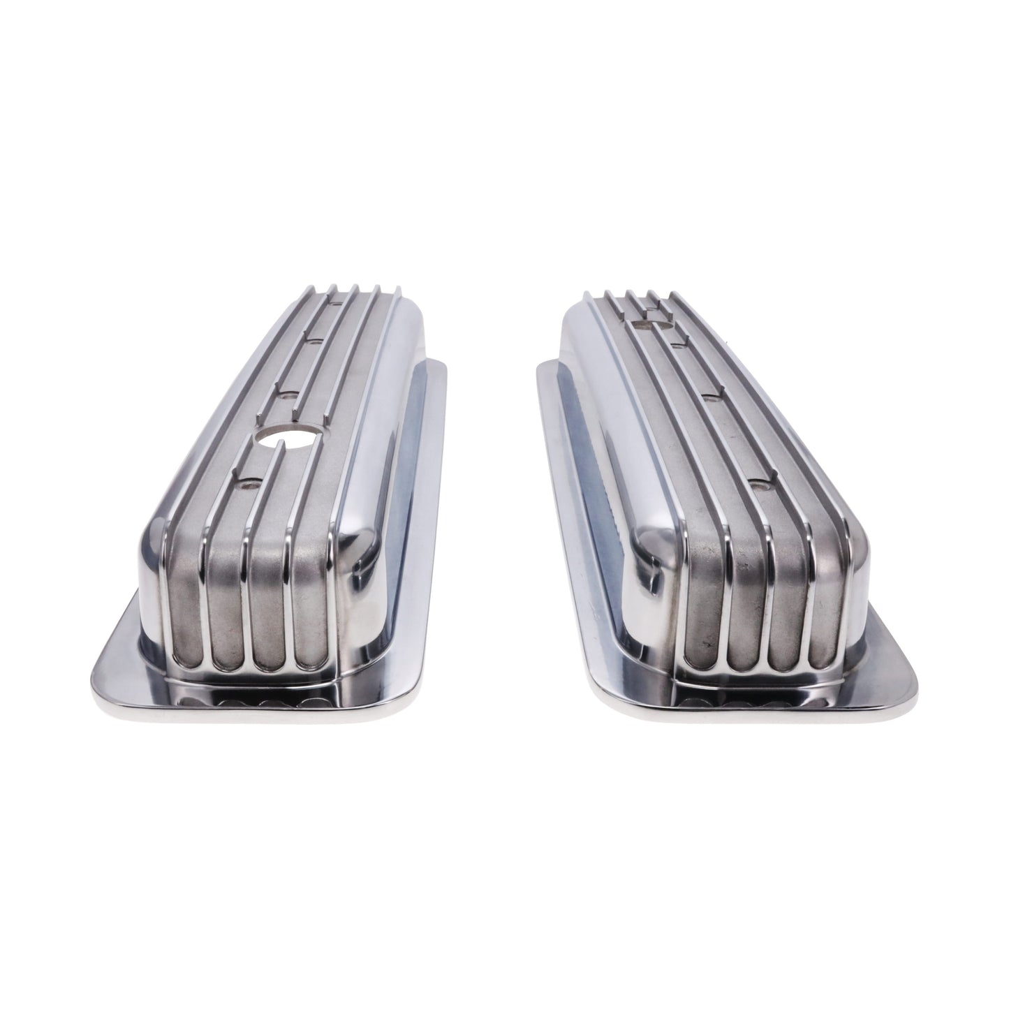 1987-2000 Chevy SB Finned Aluminum Center Bolt Valve Cover, 2 9/16" Ht., 1.25" Hole - Polished