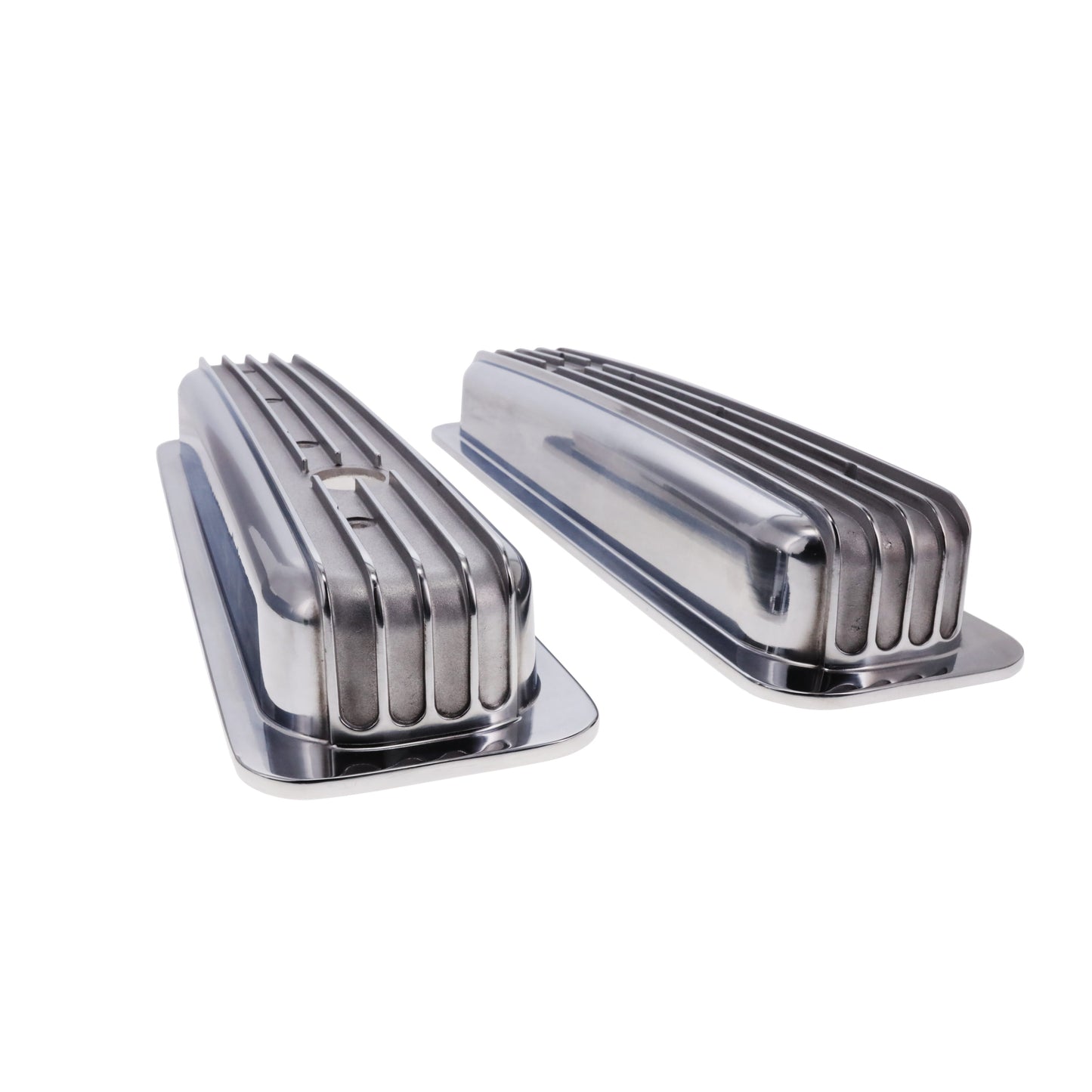 1987-2000 Chevy SB Finned Aluminum Center Bolt Valve Cover, 2 9/16" Ht., 1.25" Hole - Polished
