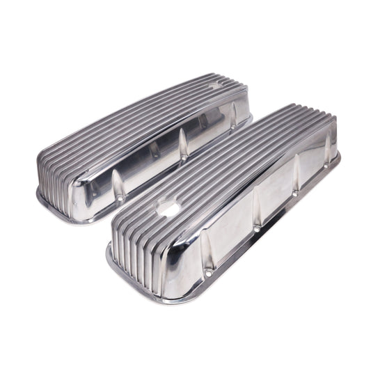 1965-1995 Chevy BB Tall Finned Aluminum Valve Covers, 3 11/16" Ht., 1.25" Hole, Polished