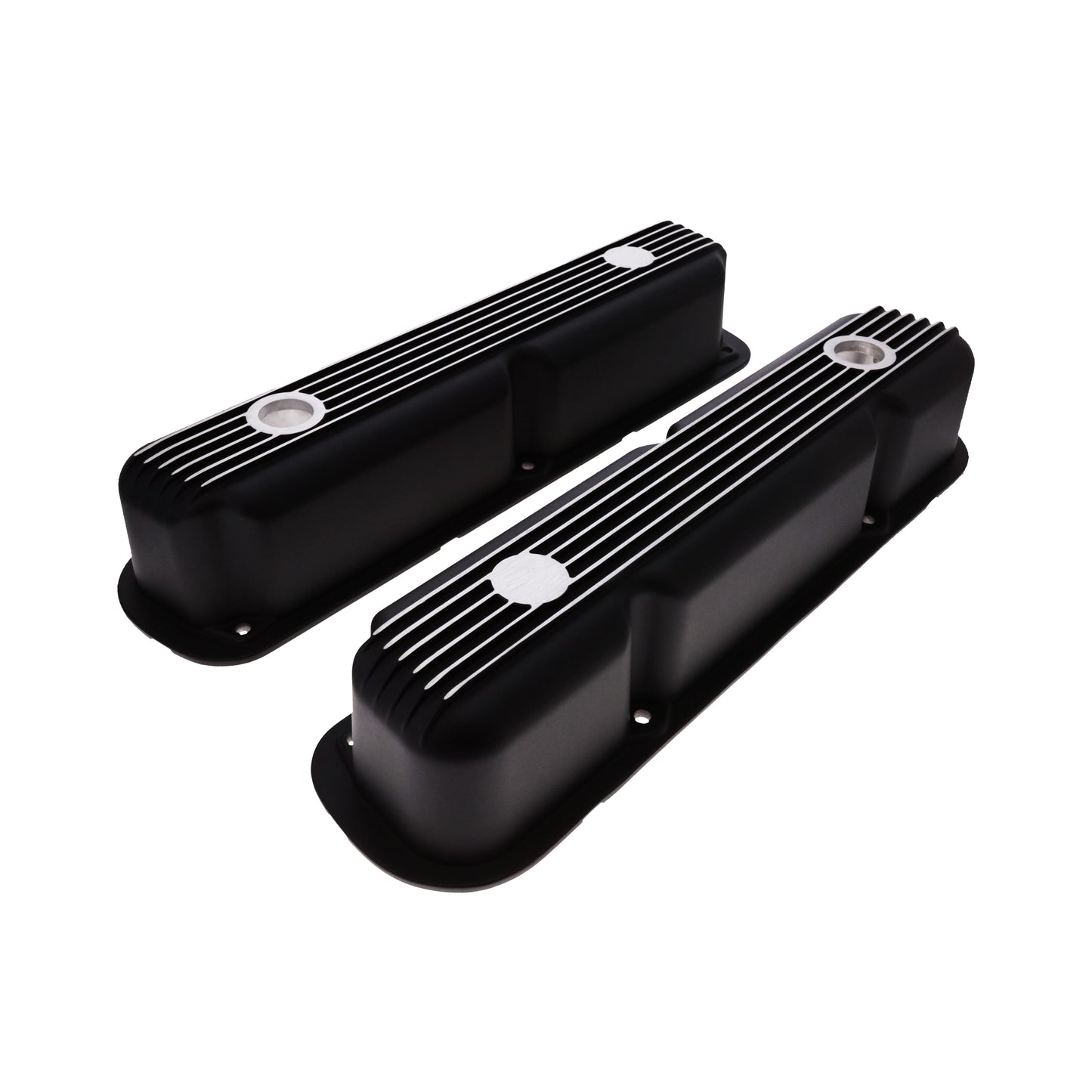 1964-1991 Mopar SB V8 Finned Aluminum Valve Covers, 3 3/4" Ex. 3 3/8" In. Ht., 1.25" Hole - Black