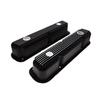 1964-1991 Mopar SB V8 Finned Aluminum Valve Covers, 3 3/4" Ex. 3 3/8" In. Ht., 1.25" Hole - Black