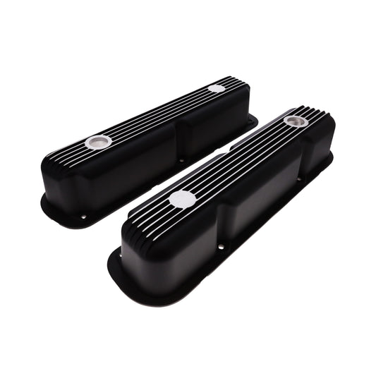 1964-1991 Mopar SB V8 Finned Aluminum Valve Covers, 3 3/4" Ex. 3 3/8" In. Ht., 1.25" Hole - Black