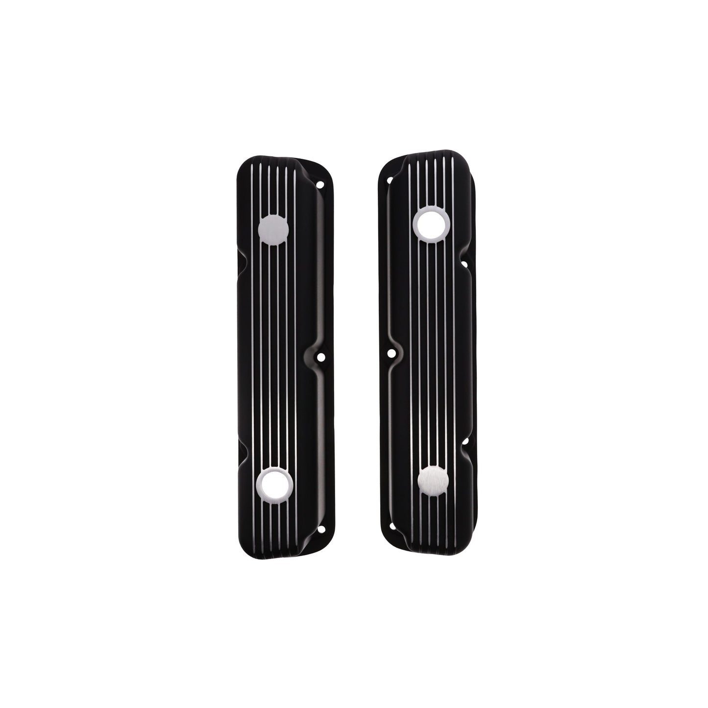 1964-1991 Mopar SB V8 Finned Aluminum Valve Covers, 3 3/4" Ex. 3 3/8" In. Ht., 1.25" Hole - Black