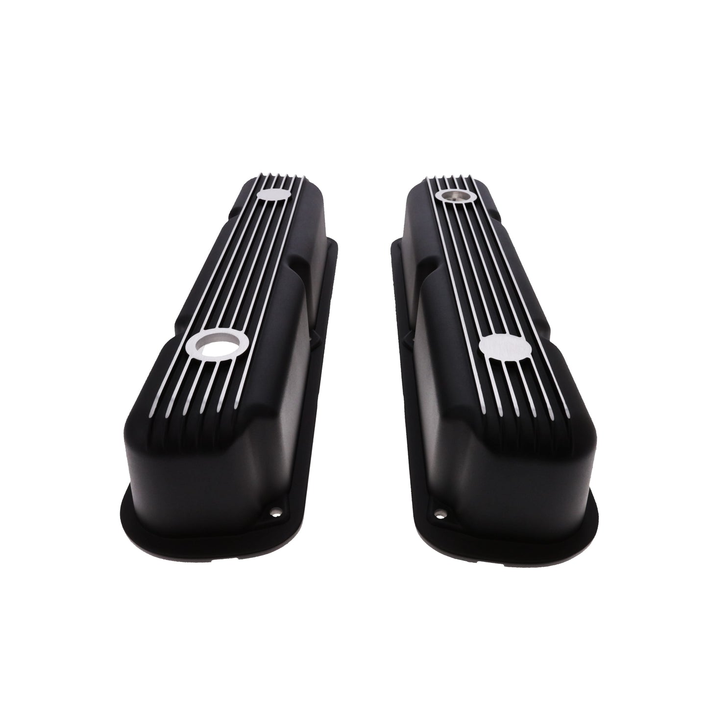 1964-1991 Mopar SB V8 Finned Aluminum Valve Covers, 3 3/4" Ex. 3 3/8" In. Ht., 1.25" Hole - Black