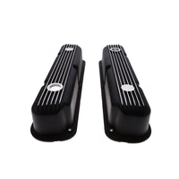 1964-1991 Mopar SB V8 Finned Aluminum Valve Covers, 3 3/4" Ex. 3 3/8" In. Ht., 1.25" Hole - Black