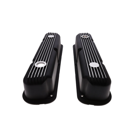 1964-1991 Mopar SB V8 Finned Aluminum Valve Covers, 3 3/4" Ex. 3 3/8" In. Ht., 1.25" Hole - Black