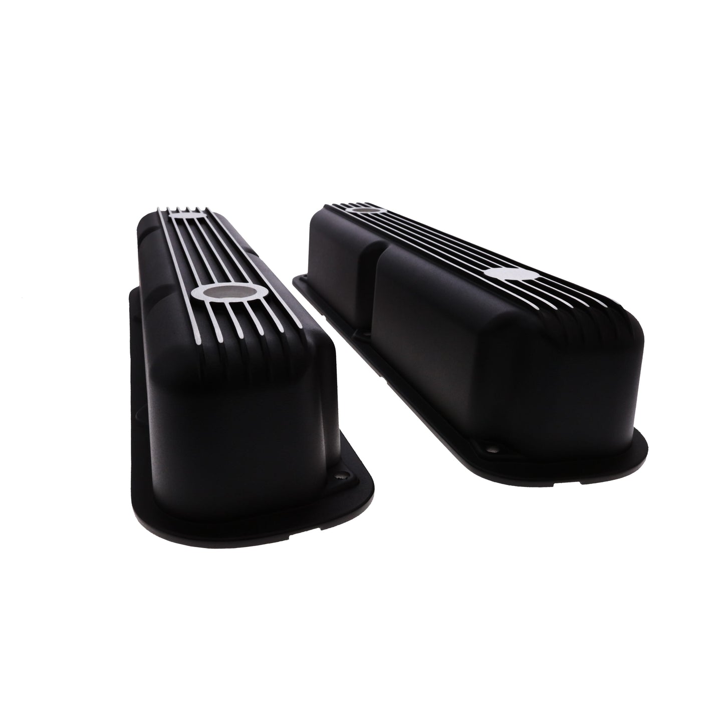 1964-1991 Mopar SB V8 Finned Aluminum Valve Covers, 3 3/4" Ex. 3 3/8" In. Ht., 1.25" Hole - Black