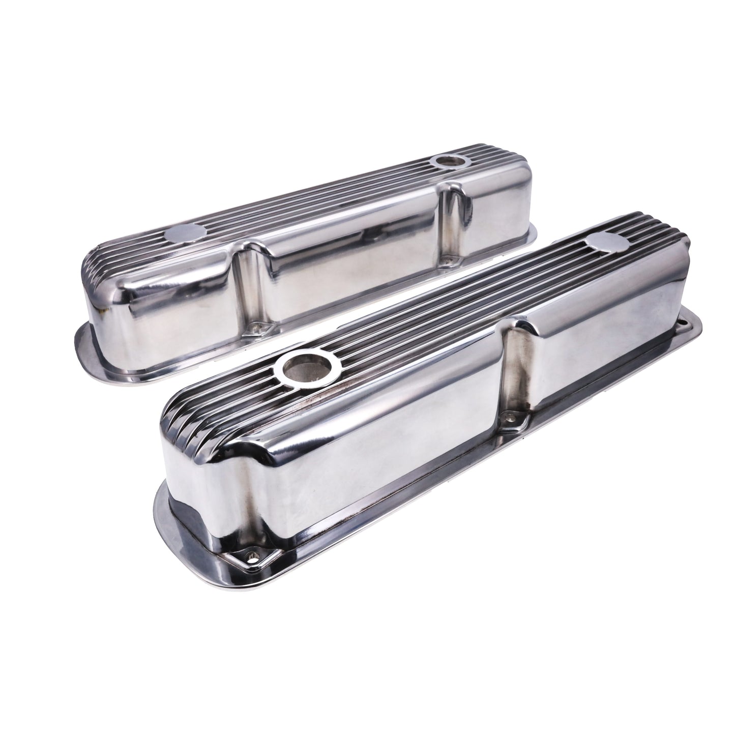 1964-1991 Mopar SB V8 Finned Aluminum Valve Covers, 3 3/4" Ex. 3 3/8" In. Ht., 1.25" Hole - Polished