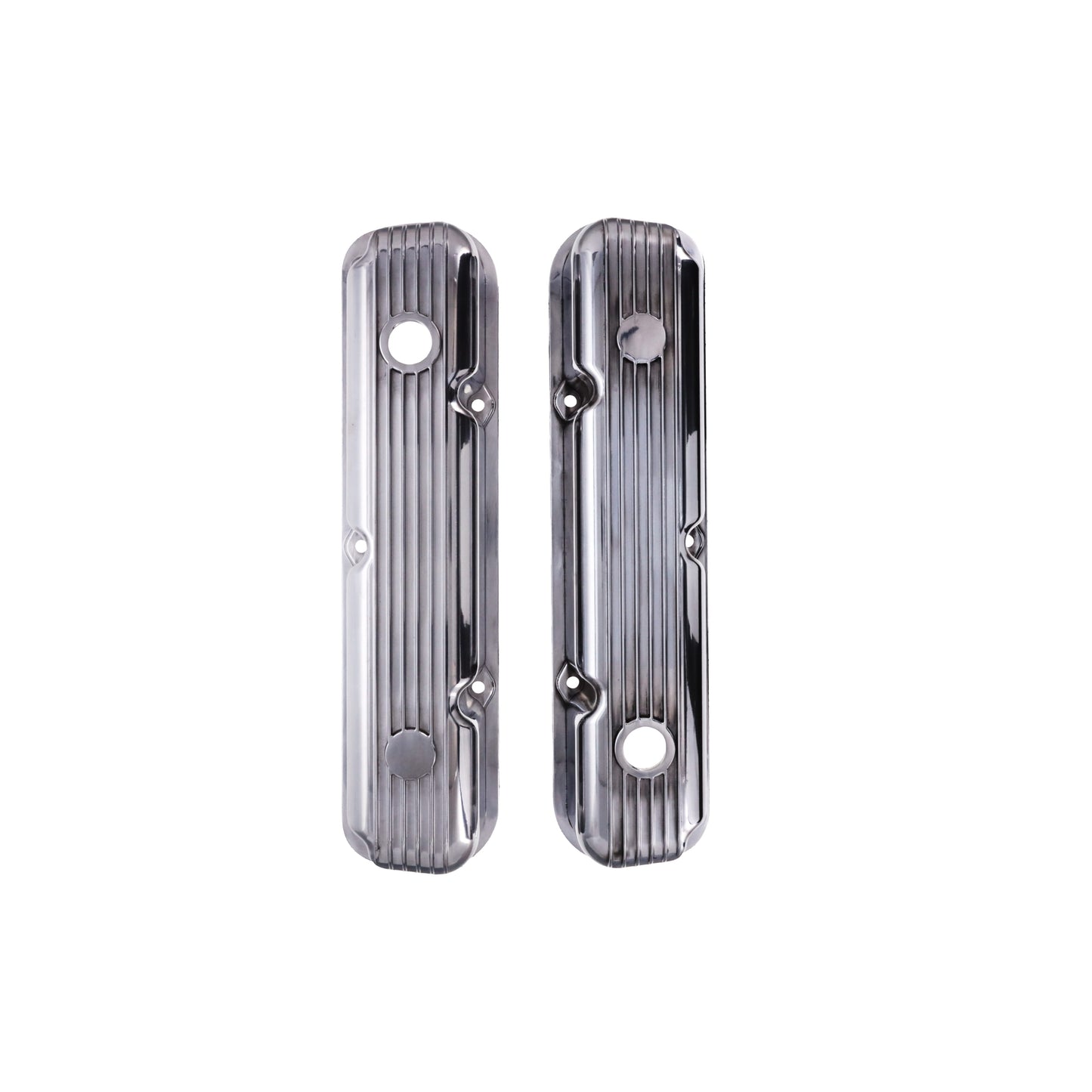 1964-1991 Mopar SB V8 Finned Aluminum Valve Covers, 3 3/4" Ex. 3 3/8" In. Ht., 1.25" Hole - Polished