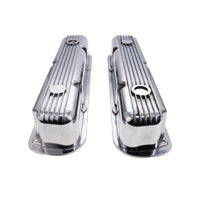 1964-1991 Mopar SB V8 Finned Aluminum Valve Covers, 3 3/4" Ex. 3 3/8" In. Ht., 1.25" Hole - Polished