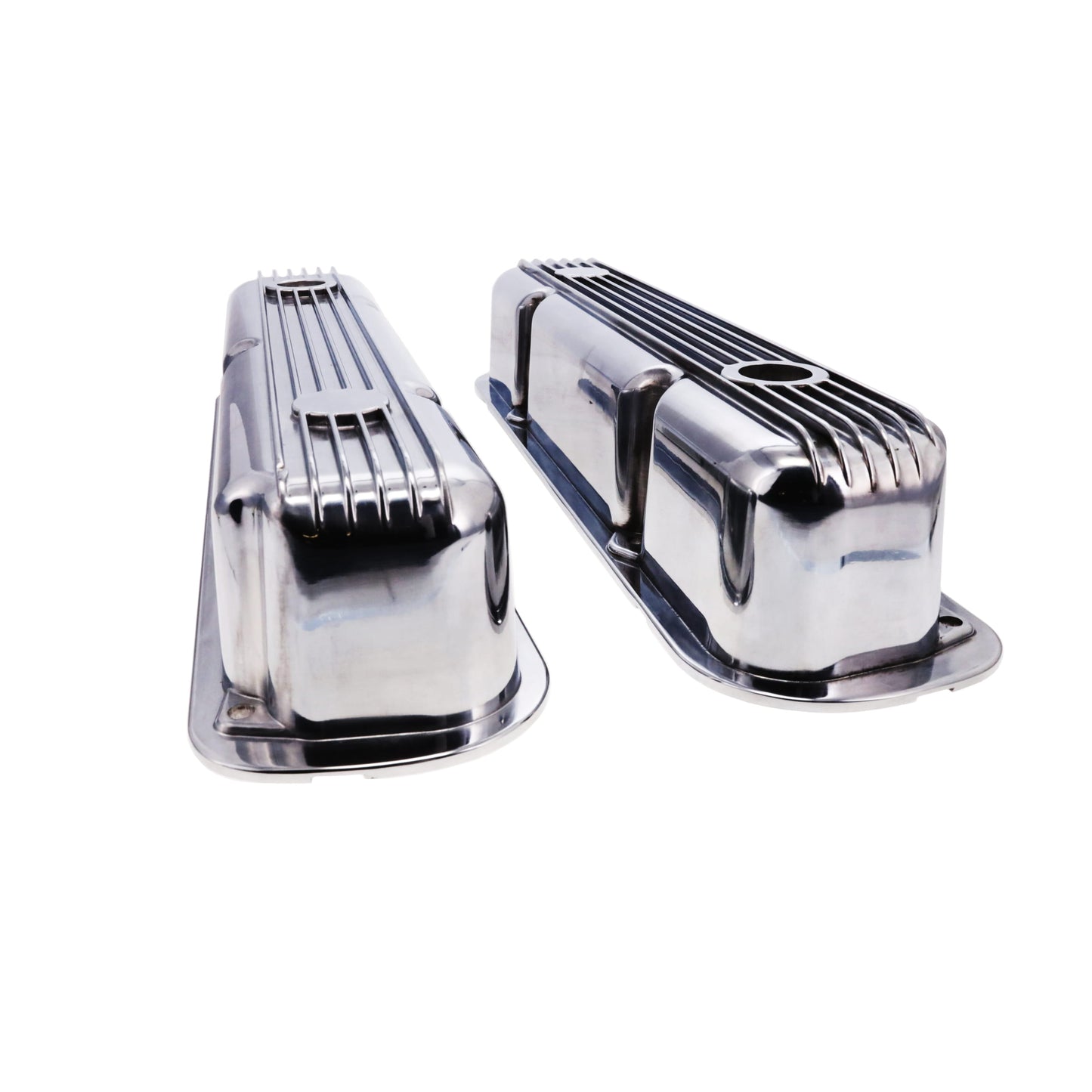 1964-1991 Mopar SB V8 Finned Aluminum Valve Covers, 3 3/4" Ex. 3 3/8" In. Ht., 1.25" Hole - Polished