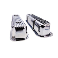 1964-1991 Mopar SB V8 Finned Aluminum Valve Covers, 3 3/4" Ex. 3 3/8" In. Ht., 1.25" Hole - Polished