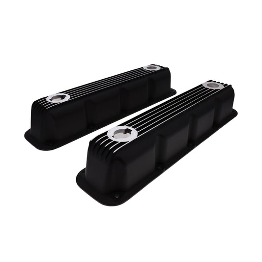 1992-2003 Mopar SB V8 Finned Aluminum Valve Covers, 3 1/2" Ex. 3 1/8" In. Ht., 1.25" Hole, Black