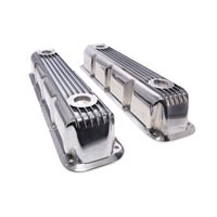 1992-2003 Mopar SB V8 Finned Aluminum Valve Covers, 3 1/2" Ex. 3 1/8" In. Ht., 1.25" Hole, Polished