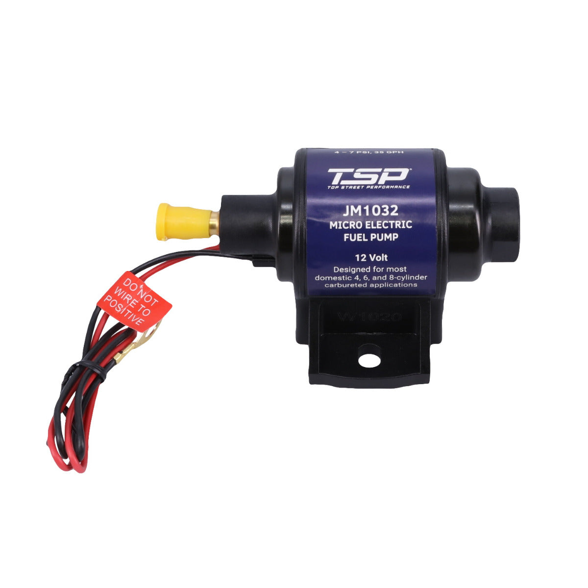12 volt external electric fuel pump for carbureted engines, 35 GPH 4-7 PSI gasoline pump close-up