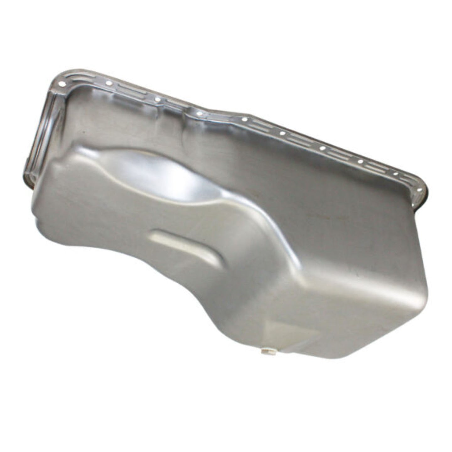 A metallic silver engine oil pan with a raised outer shell and pre-drilled bolt holes, shown on a plain white background.